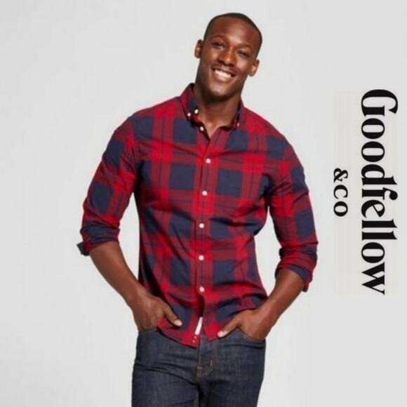 Goodfellow & Co Mens 2XB Northrop Shirt Red & Navy Plaid Long Sleeve Big & Tall - Picture 7 of 10